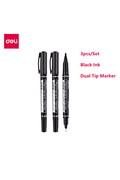 Deli 3Pcs Black Dual Tip Marker Liner Pen 3Pcs/Set Waterproof Permanent Marke...