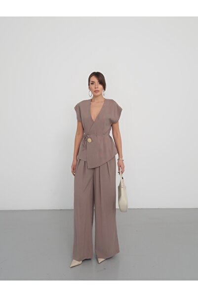 MAXXANA Brooch Buttoned Double-Breasted Vest and Loose-Fit Trousers Two-Piece...