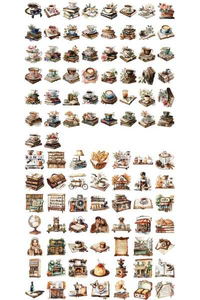 choice2 100Pcs-AB 50/100Pcs Cartoon Coffee Book Theme Sticker Pack Waterproof...
