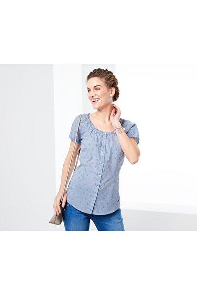 Tchibo Women U Neck Textured Short Sleeve Blouse, Blue