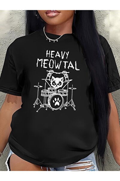 LAND MODA Unisex Μπλουζάκι Oversize με στάμπα γάτας Heavy Meowtal – Στυλ Ροκ ...
