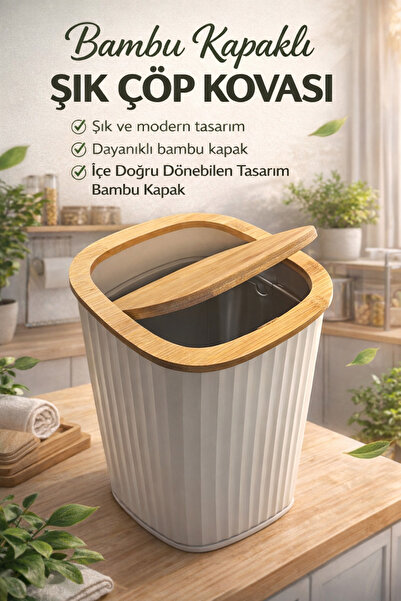 DrBambu Bambu Kapaklı İçe Doğru Dönebilen Tasarımlı Şık Çöp Kovası – Modern, ...