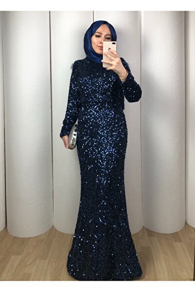 MERVEPLUME Lacivert Payetli Tesettür Abiye Elbise Balık Form Uzun Kollu Işılt...