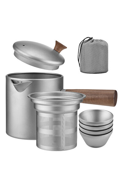 Choice غلاية شاي فضية من التيتانيوم بمقبض خشبي، صانعة شاي محمولة مع مصفاة، مث...