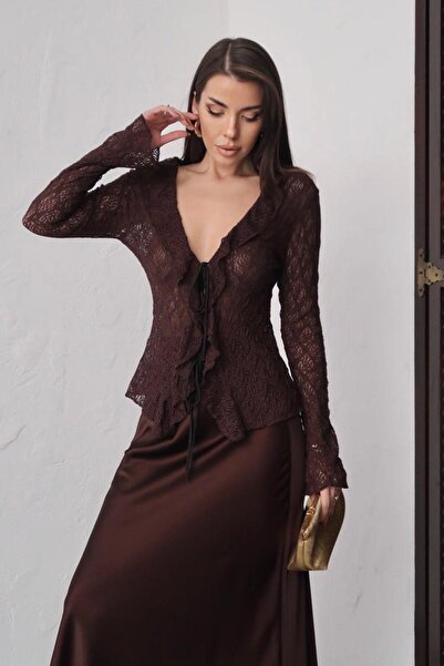 Mine Tan Butik Knitted Lace Shawl Collar Tie-Back Blouse - Brown