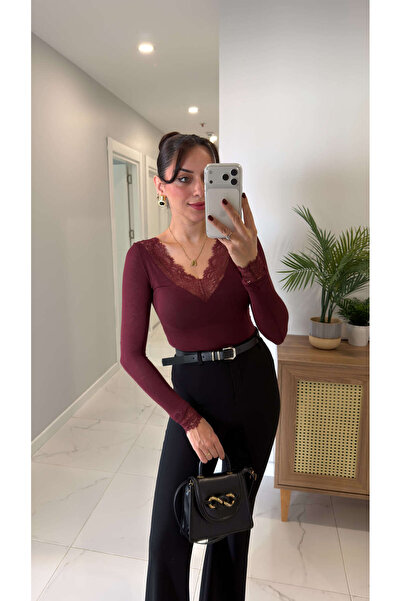 BİRCANÇİL Dlvin Kukita Burgundy Lace Cashmere Blouse