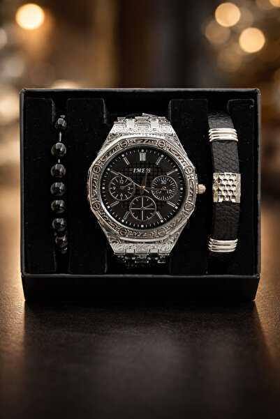 TEKMAKG Erkek Metal Kordon Analog Kol Saati + 2'li Bileklik Seti