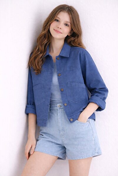 Cansın Mini İndigo Sırtı Düğme Detaylı Kız Çocuk Gabardin Kumaş Ceket 23576