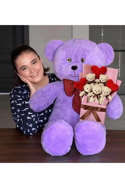 Özgüner Oyuncak هدية خاصة لعيد الحب: دمية دب قطيفة بطول 90 سم مع ربطة عنق وبا...