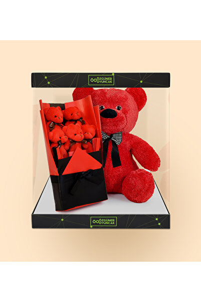 Özgüner Oyuncak هدية خاصة لعيد الحب: دمية دب قطيفة في صندوق هدايا وباقة دمى د...