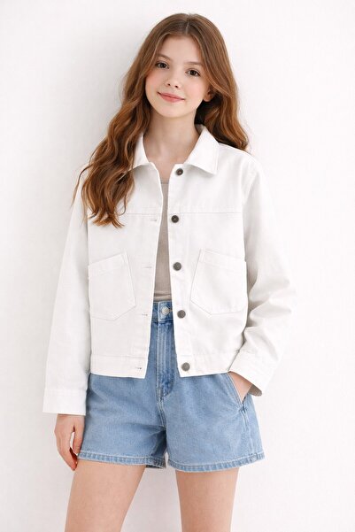 Cansın Mini Jachetă din țesătură gabardină pentru fete, ecru, cu nasturi la s...