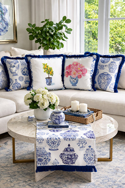 adenkahome Blue Blanc Saçaklı 5'li Kombin Kırlent Kılıfı ve Runner Seti