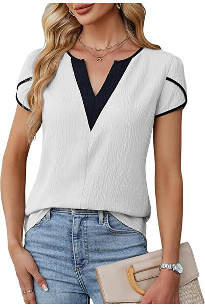 OEM Women's casual blouse, short sleeves, bordered V-neck, white L