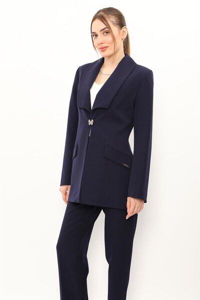 ÖNDER ÖZSOY American Collar Modern Long Women's Jacket - Navy Blue - 1187100