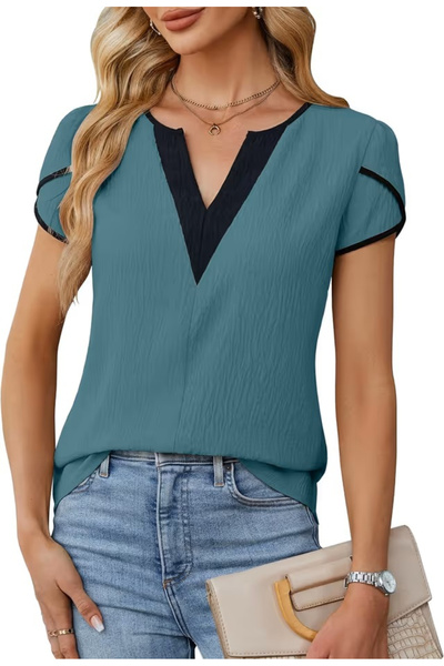 OEM Women's casual blouse, short sleeves, bordered V-neck, green L