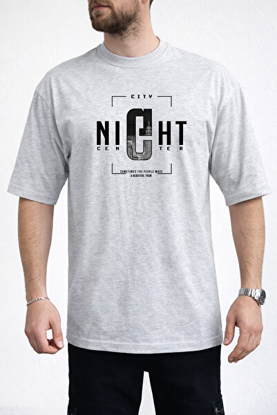 caddekombin Men's Night Center Text Printed Crew Neck Gray T-Shirt