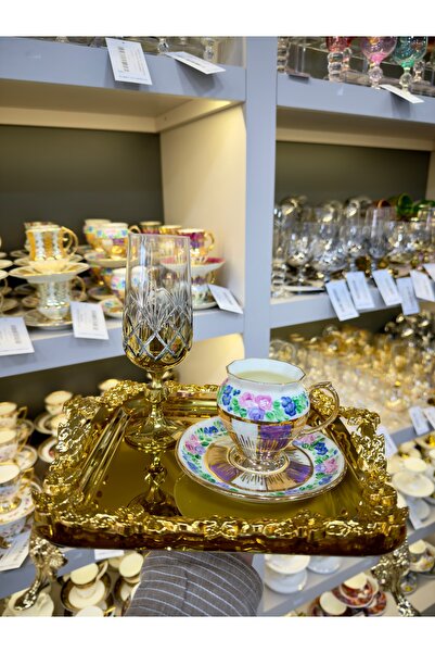 Vakıf home 6 Adet Tek Kişilik Döküm Gold Ayaklı Desenli Kahve Çay Sunum Tepsisi