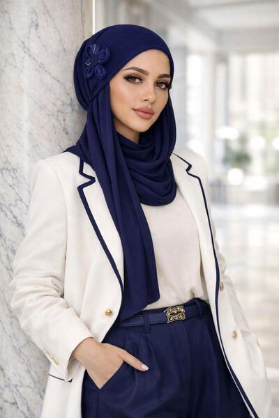 Aişe tesettür Lacivert Çiçekli Kelebek Bone Şal