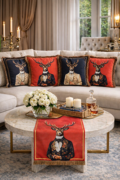 adenkahome Geyik Desen Saçaklı 5'li Kombin Kırlent Kılıfı ve Runner Seti