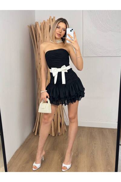 BEAUTY FASHİON Women's Strapless Bow Belt Detailed Pleated Mini Evening Dress...