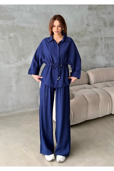 BEJNA Women's Waist-Tie Shirt and Pants Top and Bottom Set