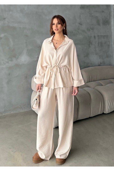 BEJNA Women's Waist-Tie Shirt and Pants Top and Bottom Set