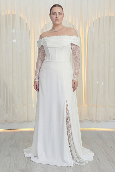 the ZKS Kadın Kayık Yaka Dantel Kollu Tasarım Büyük Beden Abiye Elbise