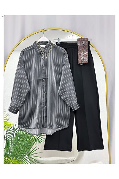 YEDİLALE Satin Striped Shirt and Straight-Legged Pants Two-Piece Set [Shirt i...