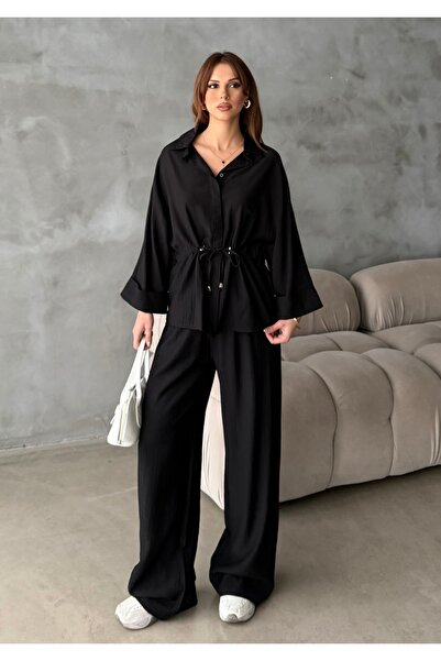 BEJNA Women's Waist-Tie Shirt and Pants Top and Bottom Set