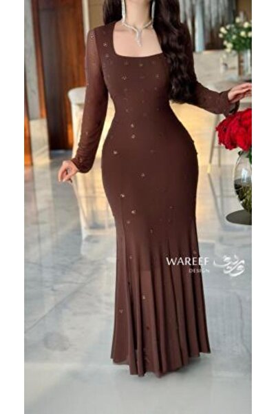 WAREEF FASHION Soft Chocolate Brown Dress with Subtle Embroidery and Elegant ...