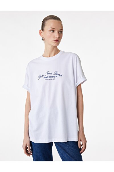 Koton Γυναικείο μπλουζάκι από βαμβάκι με στάμπα, υπερμεγέθη, λευκό 6SAK50096EK