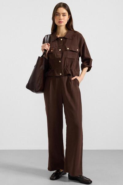 Olcay Metal Snap Crop Modal Jacket Brown 8285