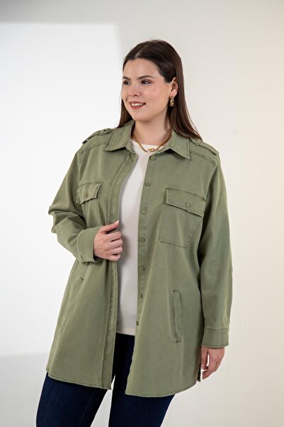 Roxxlen Plus Size Women's Gabardine Shirt with Pocket Detail Khaki
