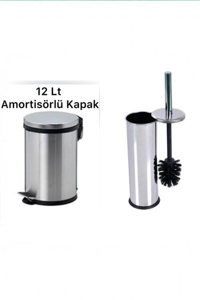 UMBEX PLUS 12 Litre Paslanmaz Krom 2'li Banyo Seti Pedallı Çöp Kovası Wc Kloz...