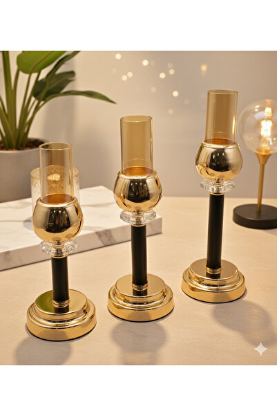 Furkan METAL KRİSTAL TAŞLI SİYAH-GOLD 3'LÜ CAM MUMLUK ŞAMDANLIK SETİ