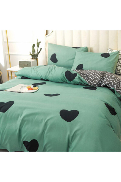 Talis Green Heart Double Bed Linen, 4 Pieces, Satin Cotton