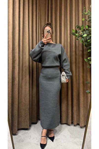 Maysa BEL OTURTMALI KAYIK YAKA TRİKO ELBİSE-GRİ