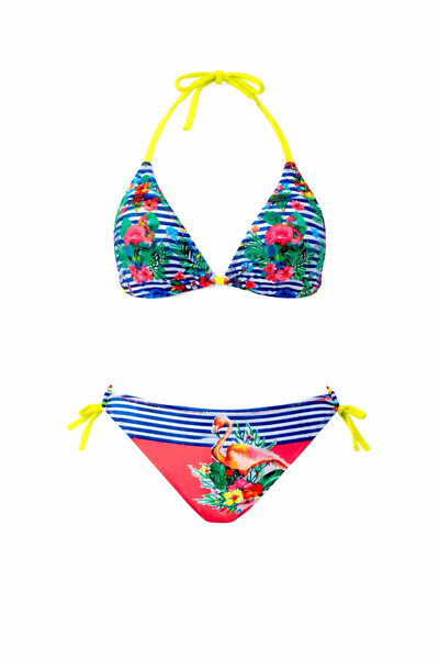 hazelin Girl's Blue Pink Flamingo Glow Patterned Triangle Bikini Set 6-14 Yea...