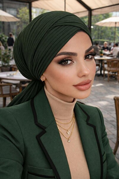 Aişe tesettür Χακί μαύρο ριγέ καπέλο με χιαστί λουράκια