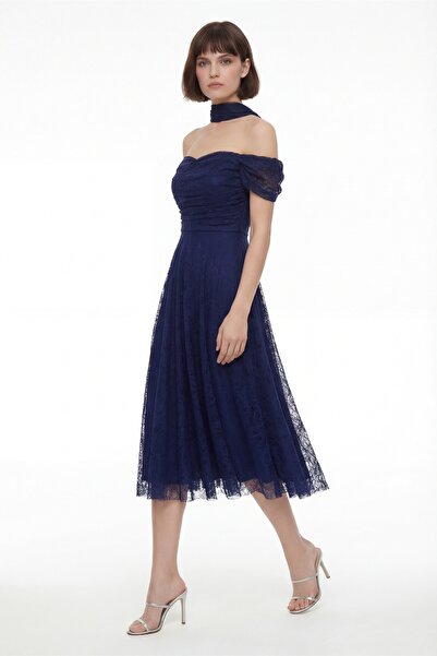 Lafaba Women's Navy Blue Slim Fit Boat Neck Lace Midi Engagement Wedding Even...