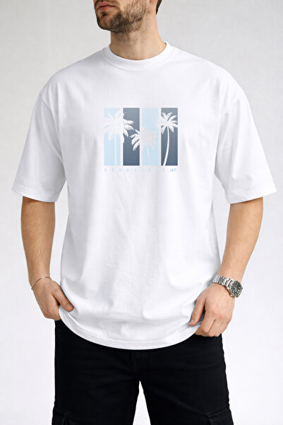 caddekombin Tricou alb pentru bărbați, cu imprimeu palmier și text Good Vibes...