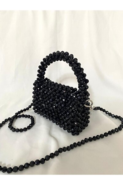 Hümzeyy home Kristal boncuk parlak çanta özel tasarım siyah renk en19 boy12 k...