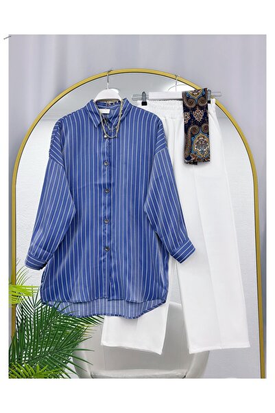 YEDİLALE Satin Striped Shirt and Straight-Legged Pants Two-Piece Set [Shirt i...