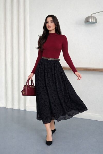 bobitex Belt Detailed Flocked Printed Lined Tulle Skirt with Elastic Waistband