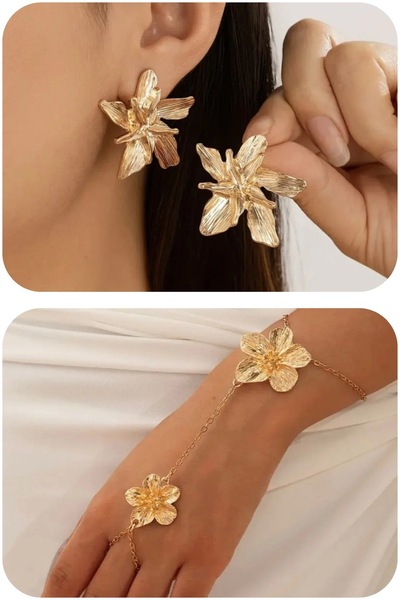 EKİDORA Efsane Lilyum Çiçek Gold Kombin 2 li Kadın Takı Seti Çelik