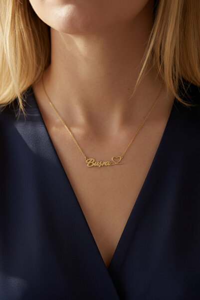 Büşra Çetin 925 Ayar Gümüş Kişiye Özel İsimli ve Kalp Detaylı 14 Ayar Altın K...