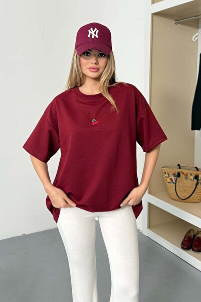 GİYSA Women's Crew Neck Cherry Accessory 2-Strand T-Shirt Claret Red - 26Y 26600