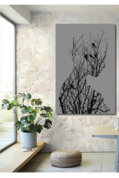Teona Ahşap İnsan Silüeti Ağaç Kuş Desenli Siyah Beyaz Görünümlü Ahşap Dekora...