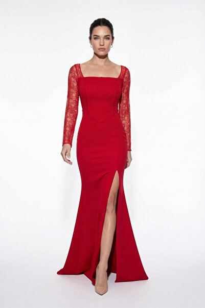 Lafaba Kadın Kırmızı Kare Yaka Dantelli Uzun Balık Abiye Elbise