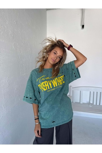 ibeeka Washable Torn Distressed Detailed Pastel Green Oversize T-Shirt